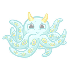 Octopus Cute  Kawaii Cartoon Creature With Horns and Tentacles