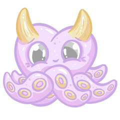 Obraz premium Octopus Cute Kawaii Cartoon Creature With Horns and Tentacles