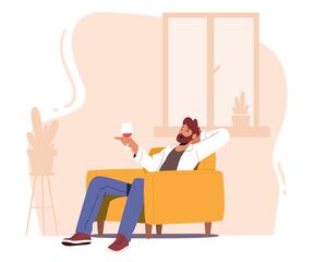 Mature Male Character Sit on Armchair Hold Wineglass in Hand Relaxing and Enjoying Drinking Wine. Person Drink Alcohol
