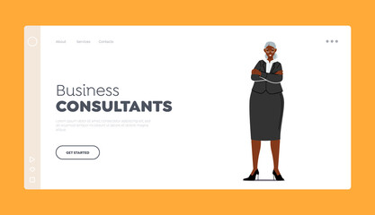 Business Consultants Landing Page Template. Senior African Woman Wear Formal Dress, Confident Female Person