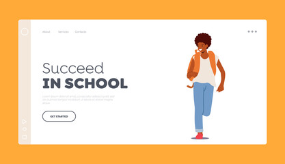 Back to School Concept Landing Page Template. African Pupil Boy Wear Jeans and Backpack. Happy Schoolboy