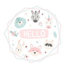Cute design with adorable animal faces in pastel colors