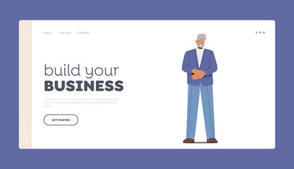 Build your Business Business Landing Page Template. Senior Grey Haired Man in Formal Suit, Male Character Wear Blazer