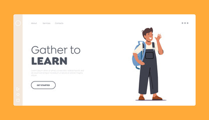 Kids Education Landing Page Template. Schoolboy with Backpack Waving Hand and Rejoice. Happiness, Childhood