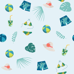 Hand drawn vector abstract cartoon summer time. Fun illustration seamless pattern with palm tree, swimsuit, bikini, swimming trunks, shorts, lifebuoy.