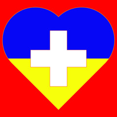 A heart painted in the colors of the flag of Ukraine on the flag of Switzerland. Vector illustration of a blue and yellow heart on the national symbol.
