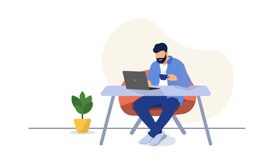 This is a modern illustration of a man who learning or working on his laptop in home. Young man doing job or freelance on his laptop.