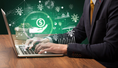 Business hand working on laptop, successful business concept
