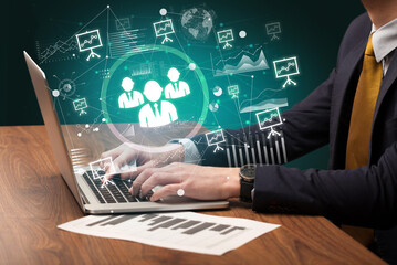 Business hand working on laptop, successful business concept