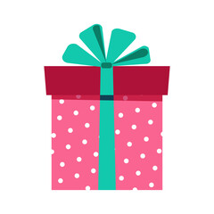 Pink gift box with polka dots. Box with a green bow on an isolated background.