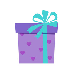 Gift box wrapped in trendy purple paper. Violet box with hearts and satin ribbon bow