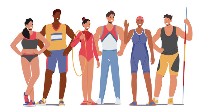 Athletes Male and Female Characters Stand in Row. Runner, Basketball Player, Weightlifter, Swimmer, Javelin Thrower