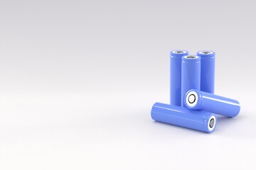 5 blue cylindrical batteries on a light gray background. Storage battery or secondary cell....