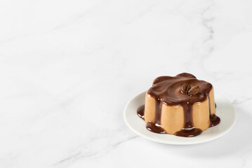 Italian dessert. Coffee cream Panna Cotta with chocolate topping on a plate. Light background. Copy space