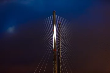 Fototapete Aubergine Beleuchtete Jungs der Goldenen Brücke in Wladiwostok bei Nacht. Goldene Brücke über die Bucht des Goldenen Horns in Wladiwostok.