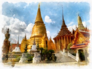 Fototapeta na wymiar Landscape of the Grand Palace ancient Thai architecture in Bangkok Thailand watercolor style illustration impressionist painting.
