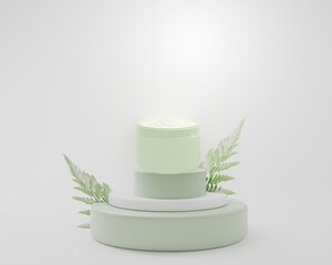 Natural green cosmetics with realistic branches of greenery. Mockup 3d illustration