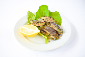 Green crab, oranges and vegetables on a white plate ready to be cooked