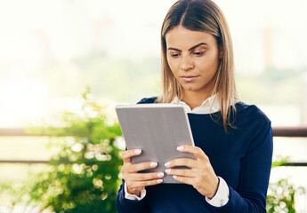 Browsing like a pro. Shot of a focussed young woman browsing on her digital tablet while standing inside of a cafe during the day.