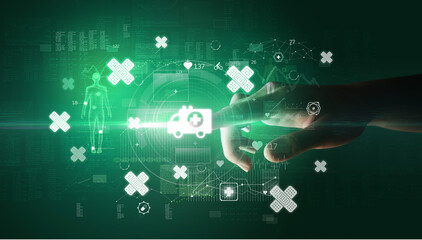 Doctor hand pressing futuristic health device with medical symbol on screen © ra2 studio