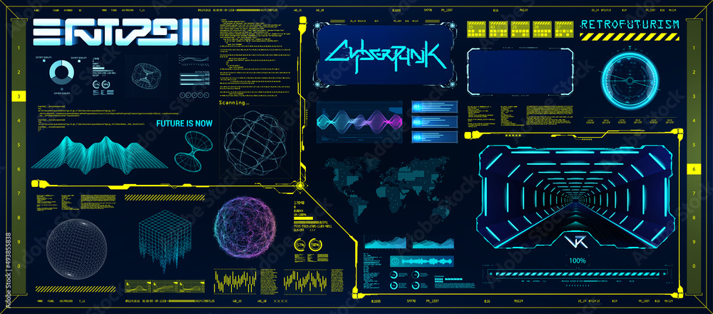 Poster Retro wave cyberpunk with HUD interface elements and 3D shapes. Retrofuturistic digital set 80s and 90s. Trendy 2022 shapes with Futuristic HUD interface in concept Cyberpunk. Futuristic tech set
