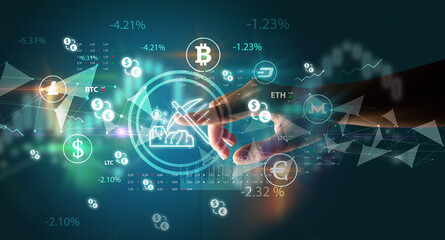 Business person hand pushing currency symbol on multimedia touch screen