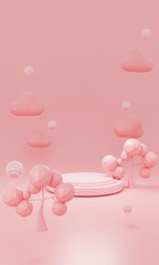 3D cartoon fantasy pink landscape. abstract background with trees and an empty podium. 3d render illustration