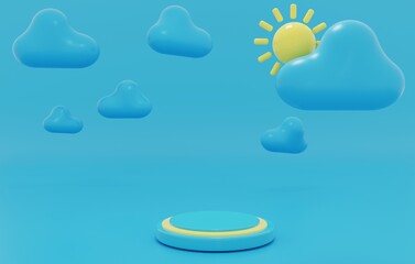 3D cartoon fantasy summer landscape. abstract background with sun clouds and an empty podium. 3d render illustration