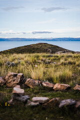 Fototapeta na wymiar Views of Lake Titicaca from Amantani Island in Peru. 