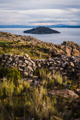 Fototapeta na wymiar Views of Lake Titicaca from Amantani Island in Peru. 