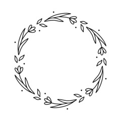 Fototapeta na wymiar Spring floral wreath isolated on white background. Round frame with flowers. Vector hand-drawn illustration in doodle style. Perfect for cards, invitations, decorations, logo, various designs.