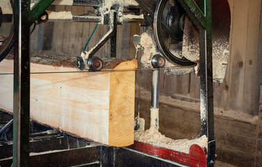 Working tape sawmill in action, close-up