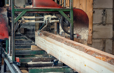 Working tape sawmill in action, close-up