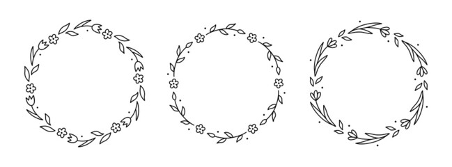 Set of spring floral wreaths isolated on white background. Round frames with flowers. Vector hand-drawn illustration in doodle style. Perfect for cards, invitations, decorations, logo, various designs