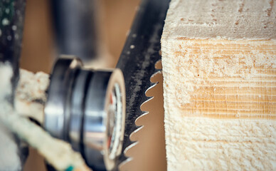 Working band sawmill in action, close-up. The teeth of the saw cut into the log