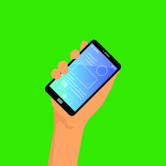 Hands holding phone. Empty screen mock. Social network communication on mobile app. Application on touch screen mobile. Vector flat cartoon design
