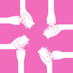 Two hands holding phone. Empty screen mock. Social network communication on mobile app. Application on touch screen mobile. Vector flat cartoon design