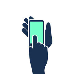Two hands holding phone. Empty screen mock. Social network communication on mobile app. Application on touch screen mobile. Vector flat cartoon design