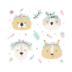Cute design with adorable animal faces in pastel colors