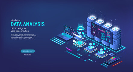 Data analysis and classification files in isometric data center. Servers with monitor and big data about system files. Isometric powerful computing computers for monitoring, classification and testing