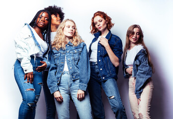 Fototapeta premium diverse multi nation girls group, teenage friends company cheerful having fun, happy smiling, cute posing isolated on white background, lifestyle people concept, african-american and caucasian