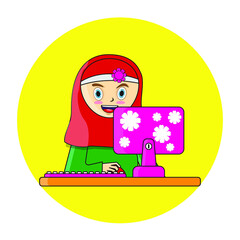 Cute moslem girl with computer illustrations vector