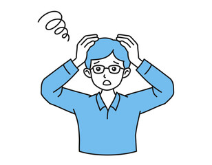 困った表情の男性のイラスト　頭を抱えるポーズ　白背景にベクターイラストのデザイン要素