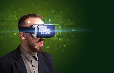 Businessman looking through Virtual Reality glasses, social media concept