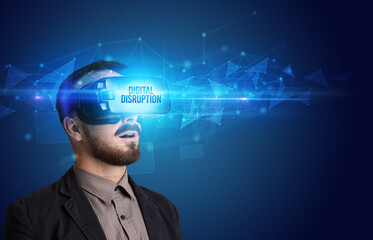 Businessman looking through Virtual Reality glasses, virtual security concept