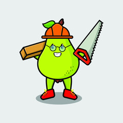 Cute cartoon pear fruit as carpenter character with saw and wood in 3d modern style design