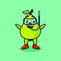 Cute cartoon pear fruit diver with swimming glass in 3d modern style design
