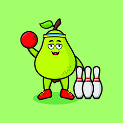 Cute cartoon pear fruit character playing bowling in 3d modern style design 