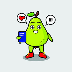 Cute cartoon pear fruit character holding diary book with happy expression in concept 3d cartoon style