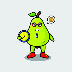 Cute cartoon pear fruit character holding clock with happy expression in concept 3d cartoon style